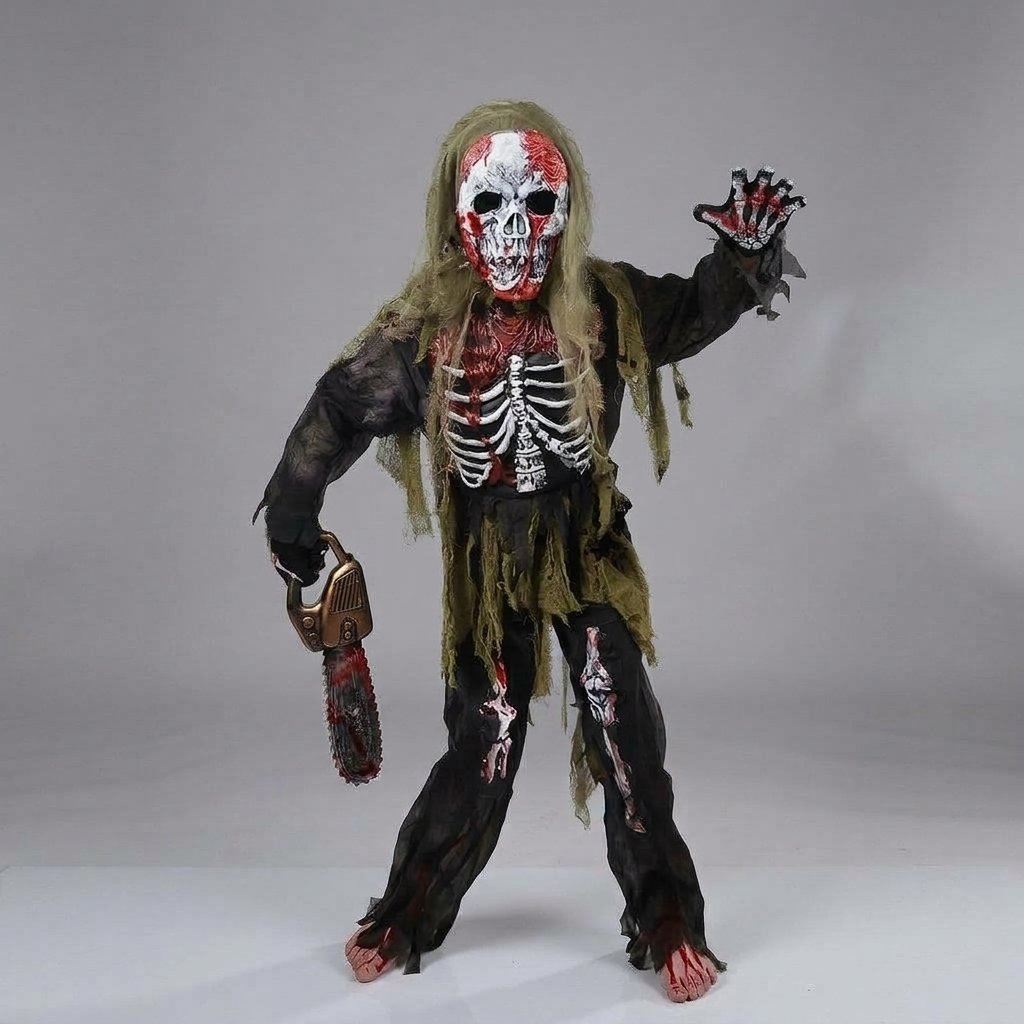 Kids Zombie Skeleton Halloween Costume Set with Skull Mask and Skeleton Gloves — M