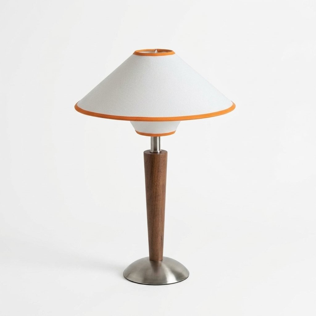 Mid-Century Conical Table Lamp with Fabric Shade and Wooden Stem — White