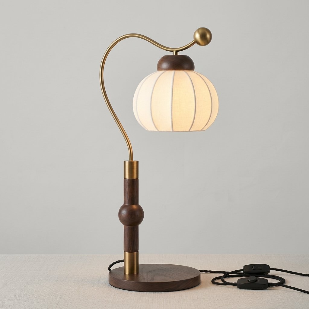 Nanyang Sculptural Table Lamp with Walnut Base, Curved Brass Arm and Ribbed Fabric Shade — Cold