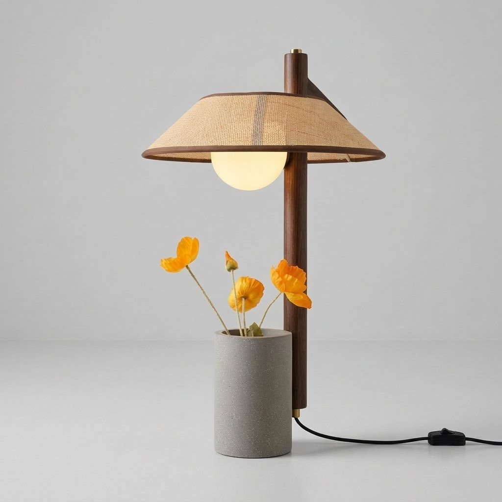 Nordic Drum Planter Table Lamp with Linen Shade and Concrete Base — Cold