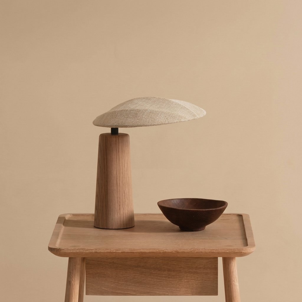 Oval Wabi-Sabi Table Lamp with Solid Wood Base and Fabric Shade — Tri-Colour