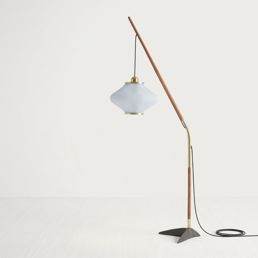 Pleated Arc Floor Lamp with Walnut-Toned Arm and Cream Ribbed Shade — Cold