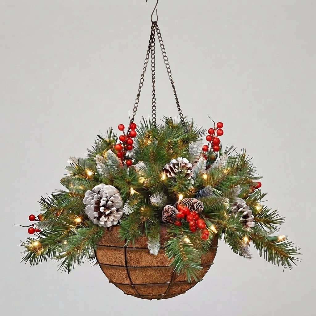 Pre-lit Christmas Hanging Basket — 20cm