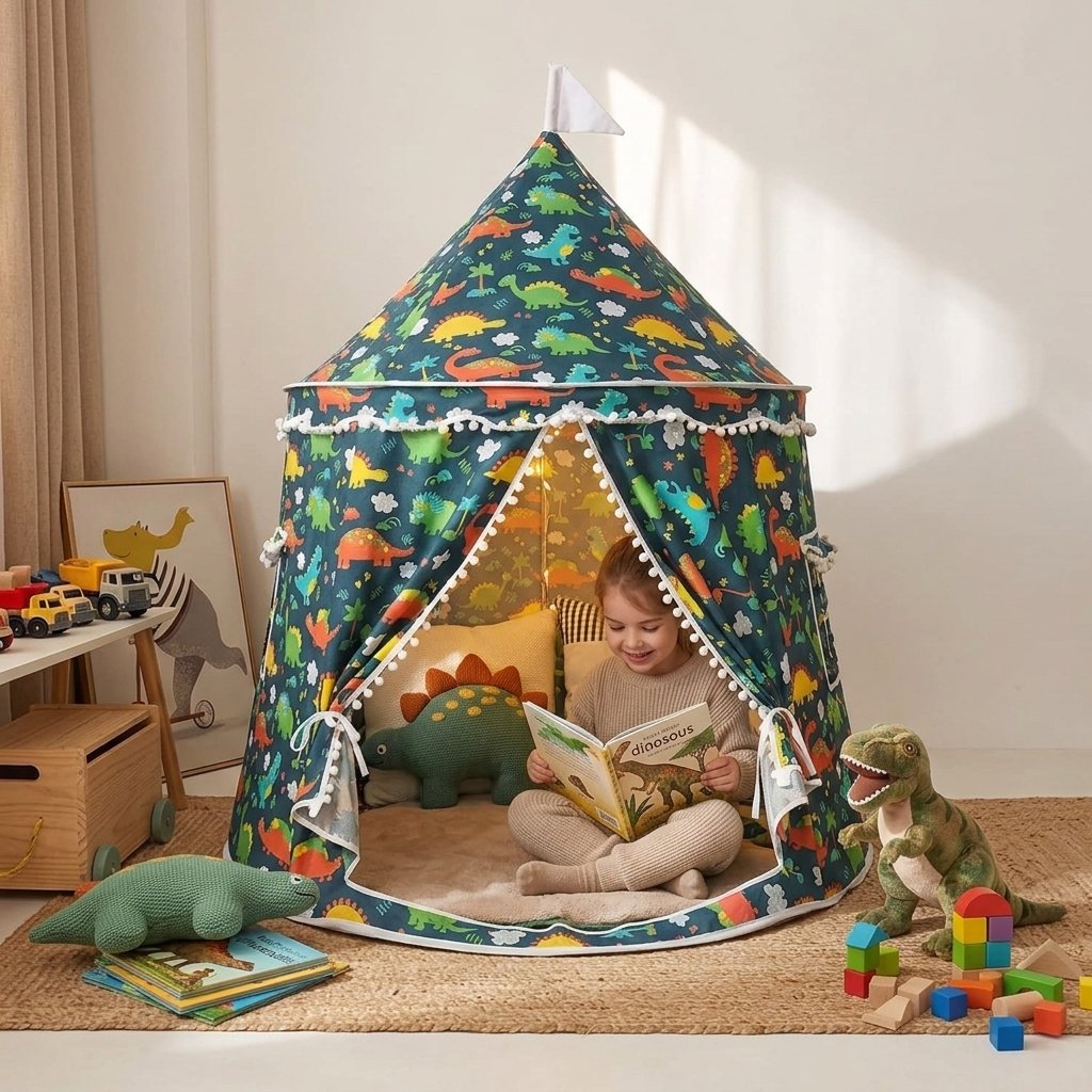 Princess Castle Play Tent with Pom-Pom Trim — Dinosaur