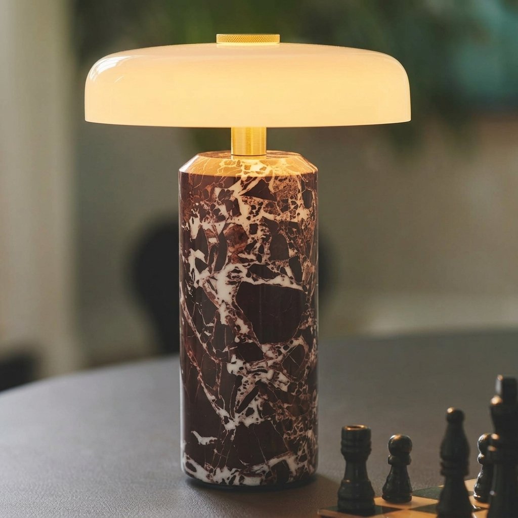 Rechargeable marble table lamp with frosted glass shade and brass detail — Red