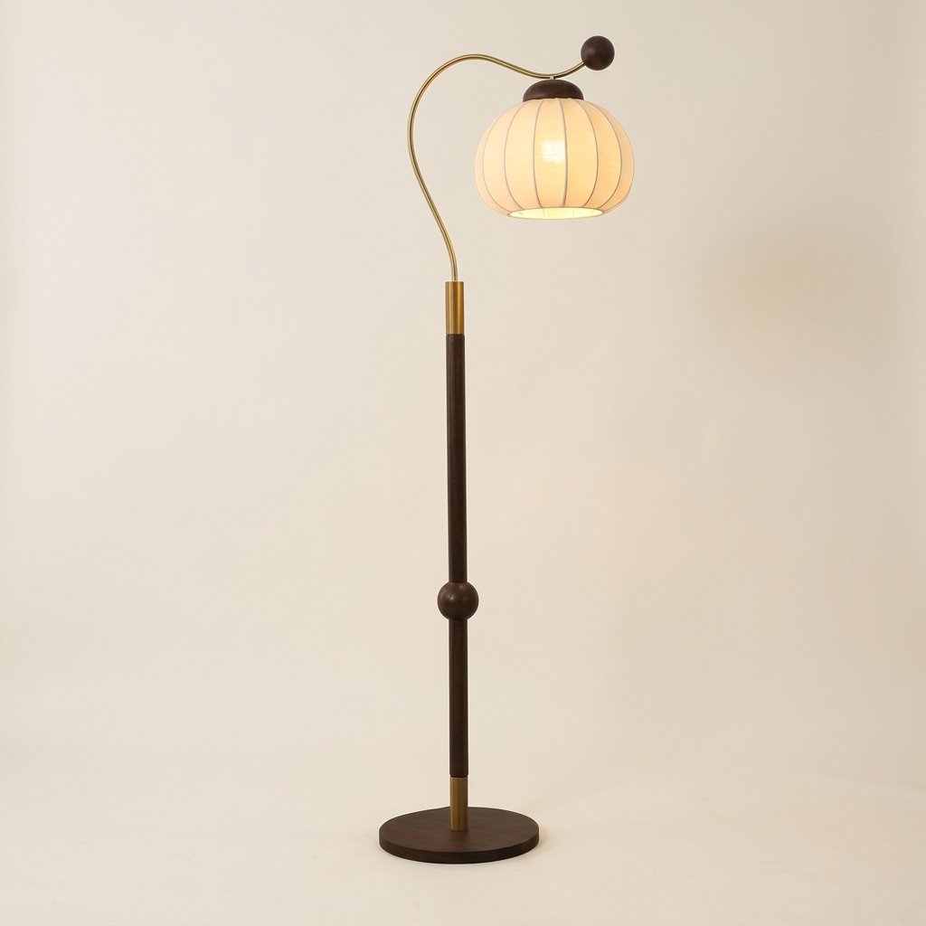 Retro Arc Floor Lamp with Pleated Pumpkin Shade and Walnut-Finish Pole — Warm