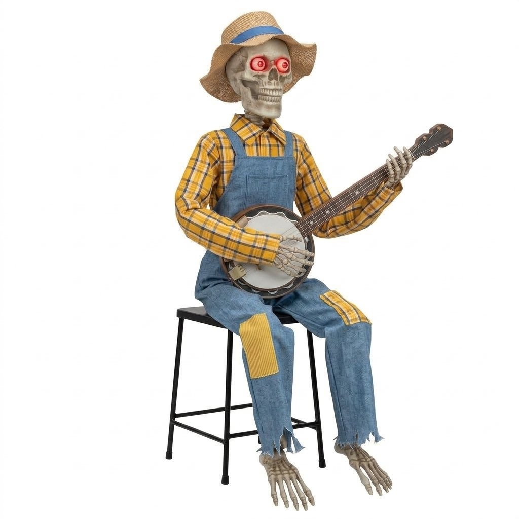 Sitting Banjo-Playing Skeleton Halloween Decoration with LED Glowing Eyes and Interactive Movement — Yellow
