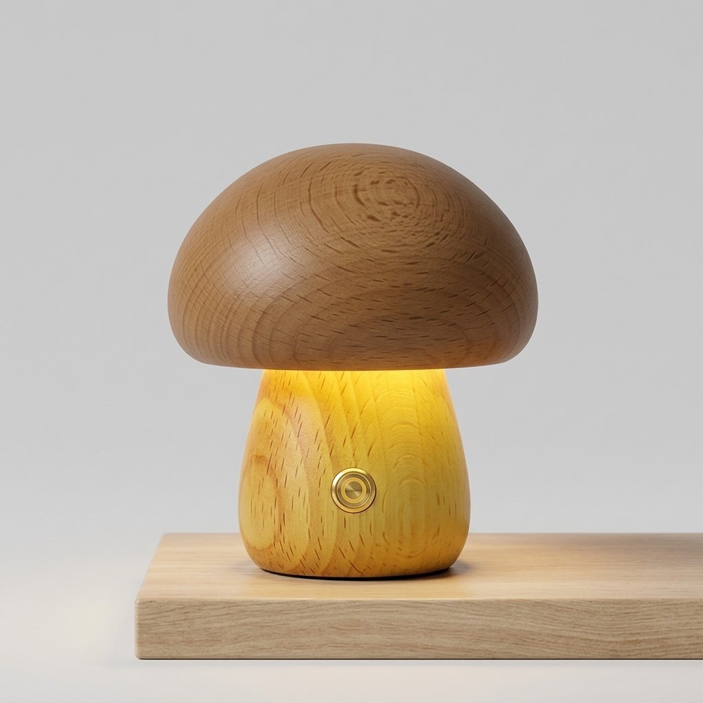 Wooden Mushroom Cordless LED Table Lamp with Warm Amber Glow — Log Wood