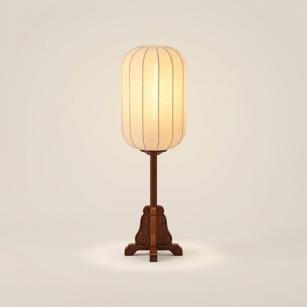 Zen Lantern Table Lamp with Hand-Knitted Fabric Shade and Carved Wooden Base — Warm