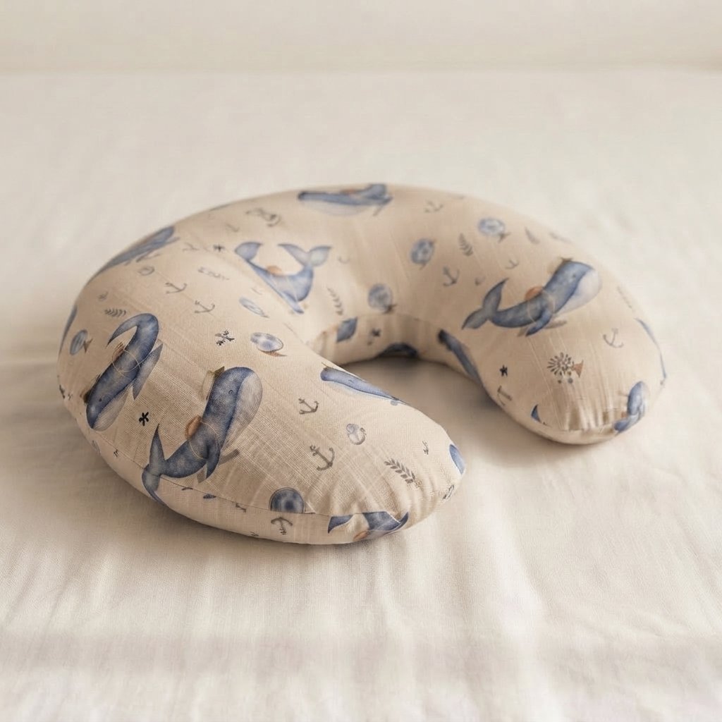 Baby Nursing Pillow with Whale Print — Mushroom