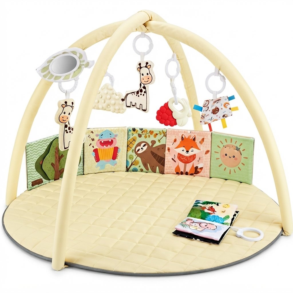 Baby Play Gym Mat with Six Sensory Toys — Yellow