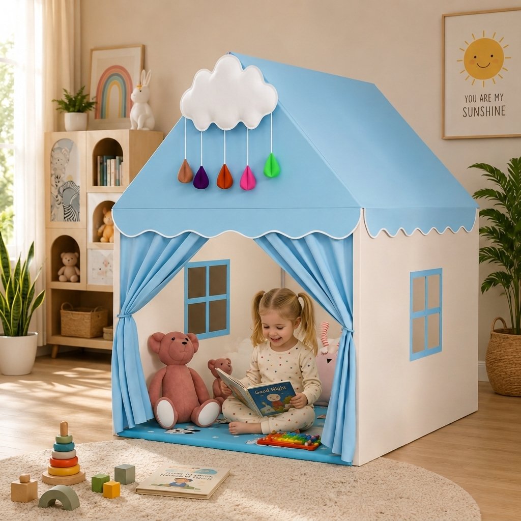 Children's Play House Tent with Lights & Mat — Blue