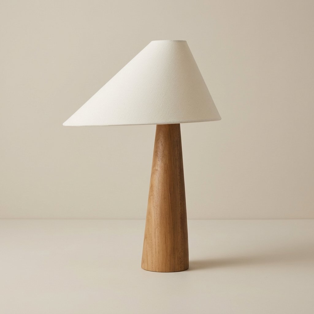 Conical Oak Wood Table Lamp with Fabric Shade – Wabi Sabi Style — Neutral
