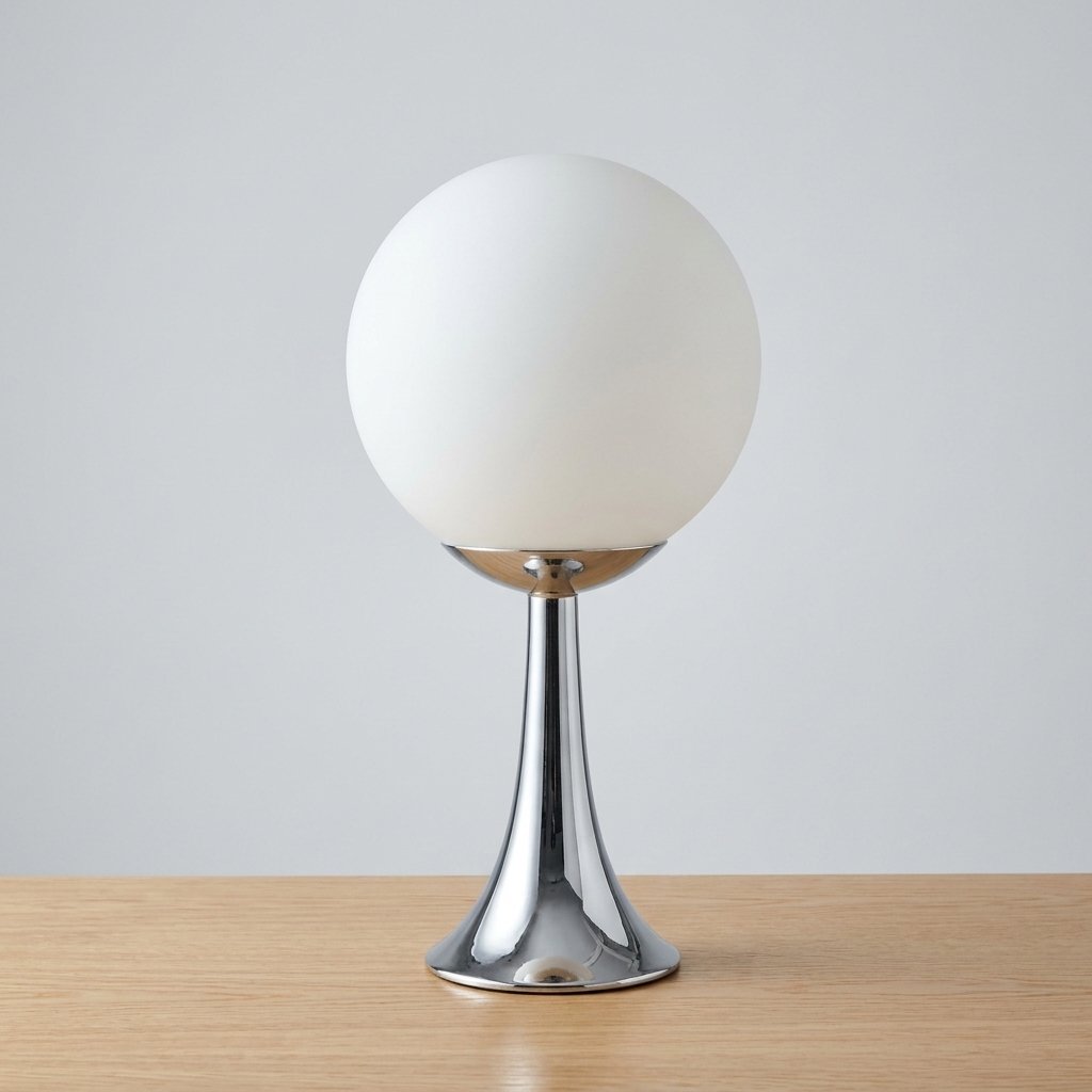 Globe Trumpet Table Lamp with Chrome Base and Glass Shade — White