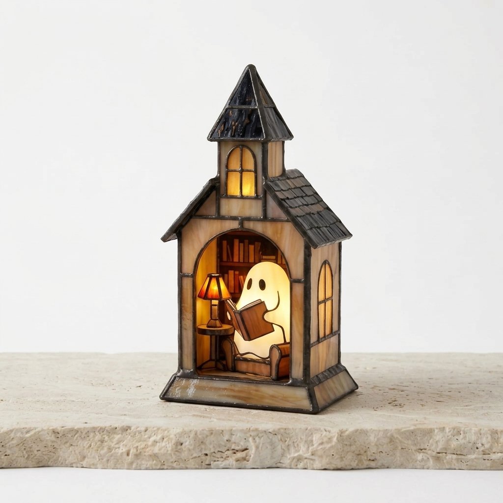 Halloween Ghost Reading Figurine Light with Stained-Glass-Style Glow – Battery-Operated Indoor Decoration — Nook Ghost