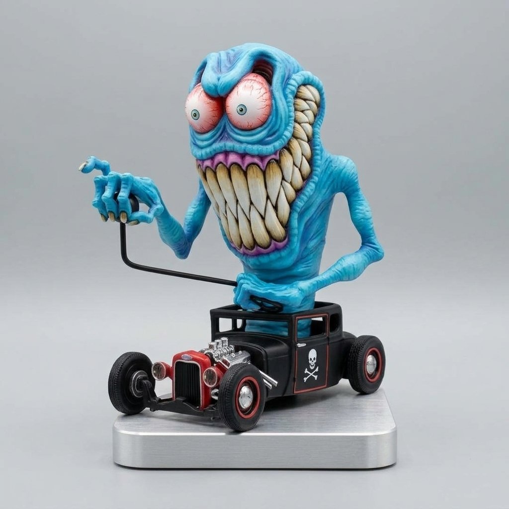 Hand-Painted Retro Hot Rod Monster Collectible Figure on Car Base — Tooth Monster