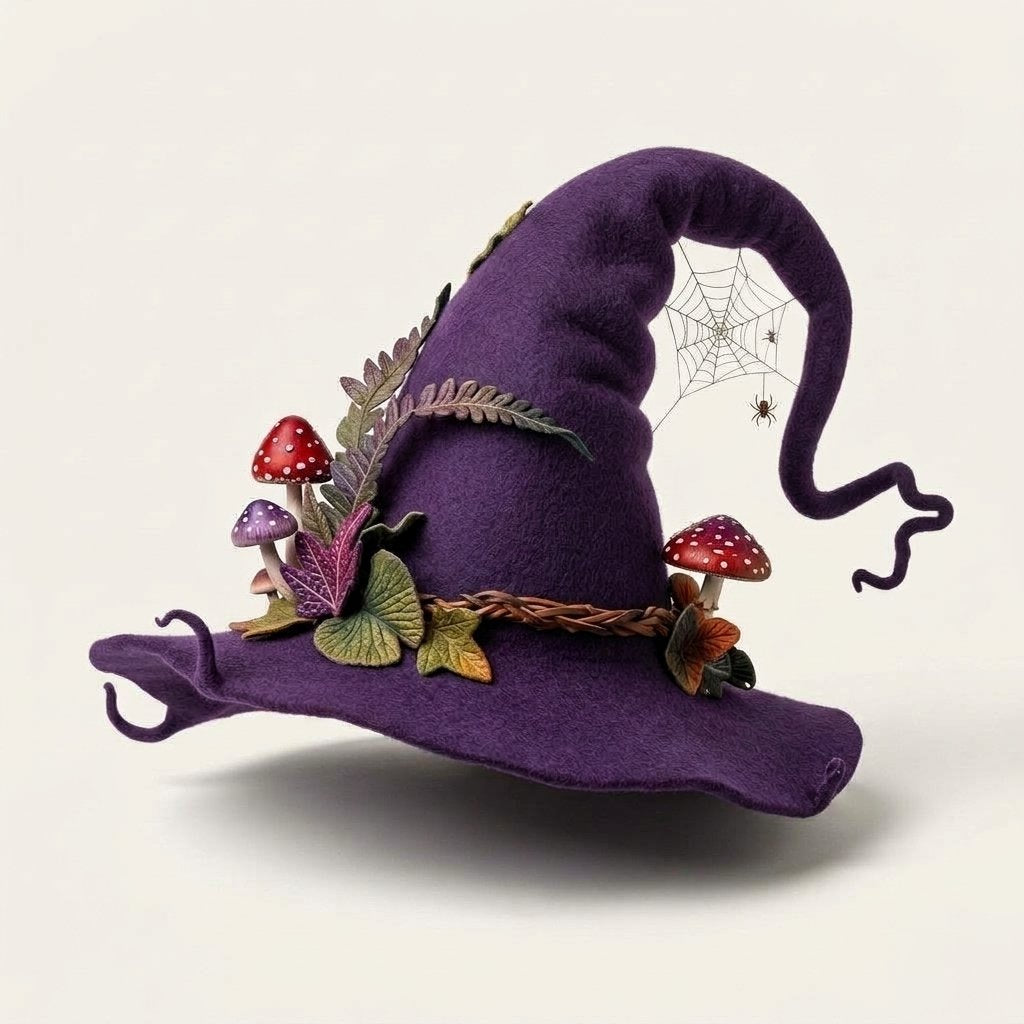 Handmade Felted Wool Witch Hat with Spiderweb Embroidery and Floral Accents — Blue
