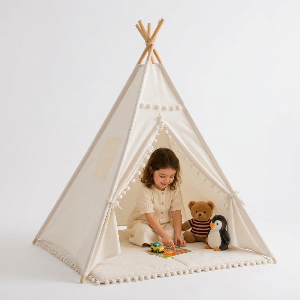 Kids Cotton Teepee Tent with Pom-Pom Trim — 1.6m With Mat