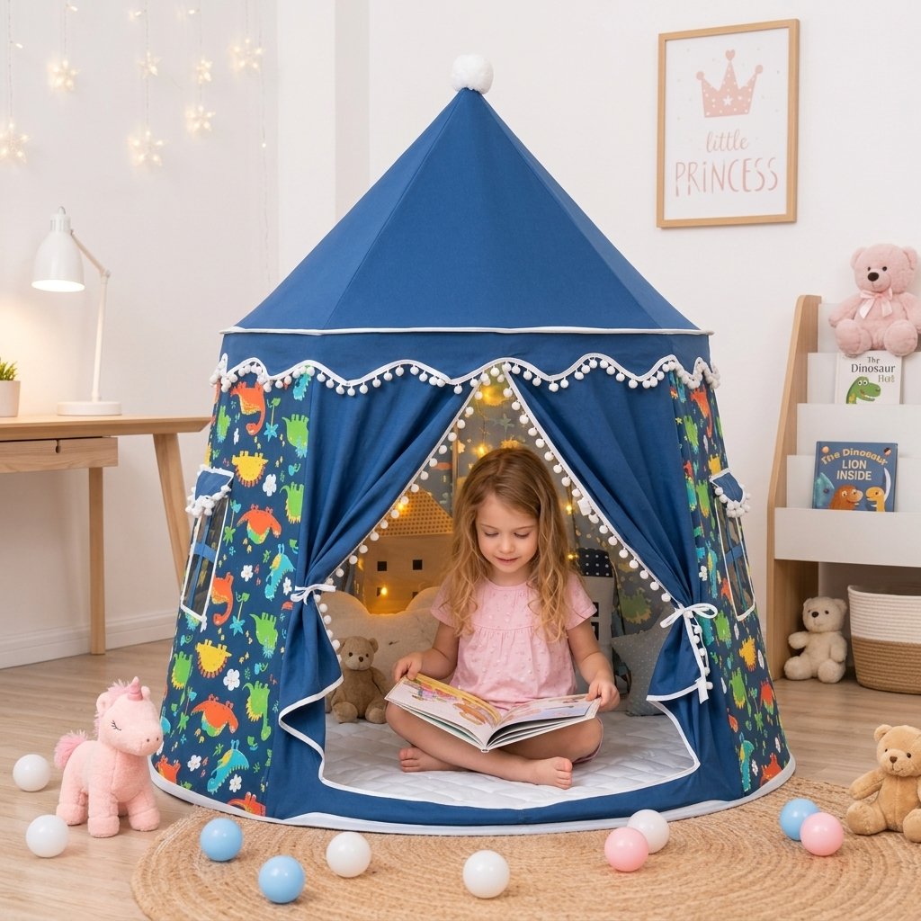 Kids Indoor Play Tent with Pom-Pom Trim — Blue Dinosaur