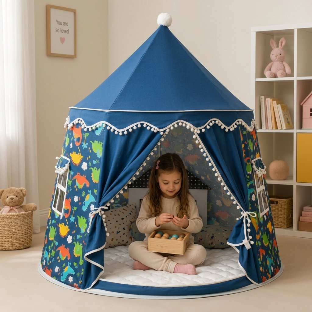 Kids Play Tent with Pom-Pom Trim — Blue Dinosaur