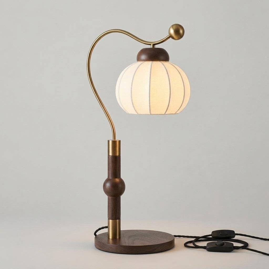 Nanyang Sculptural Table Lamp with Walnut Base, Curved Brass Arm and Ribbed Fabric Shade — Tri-Colour