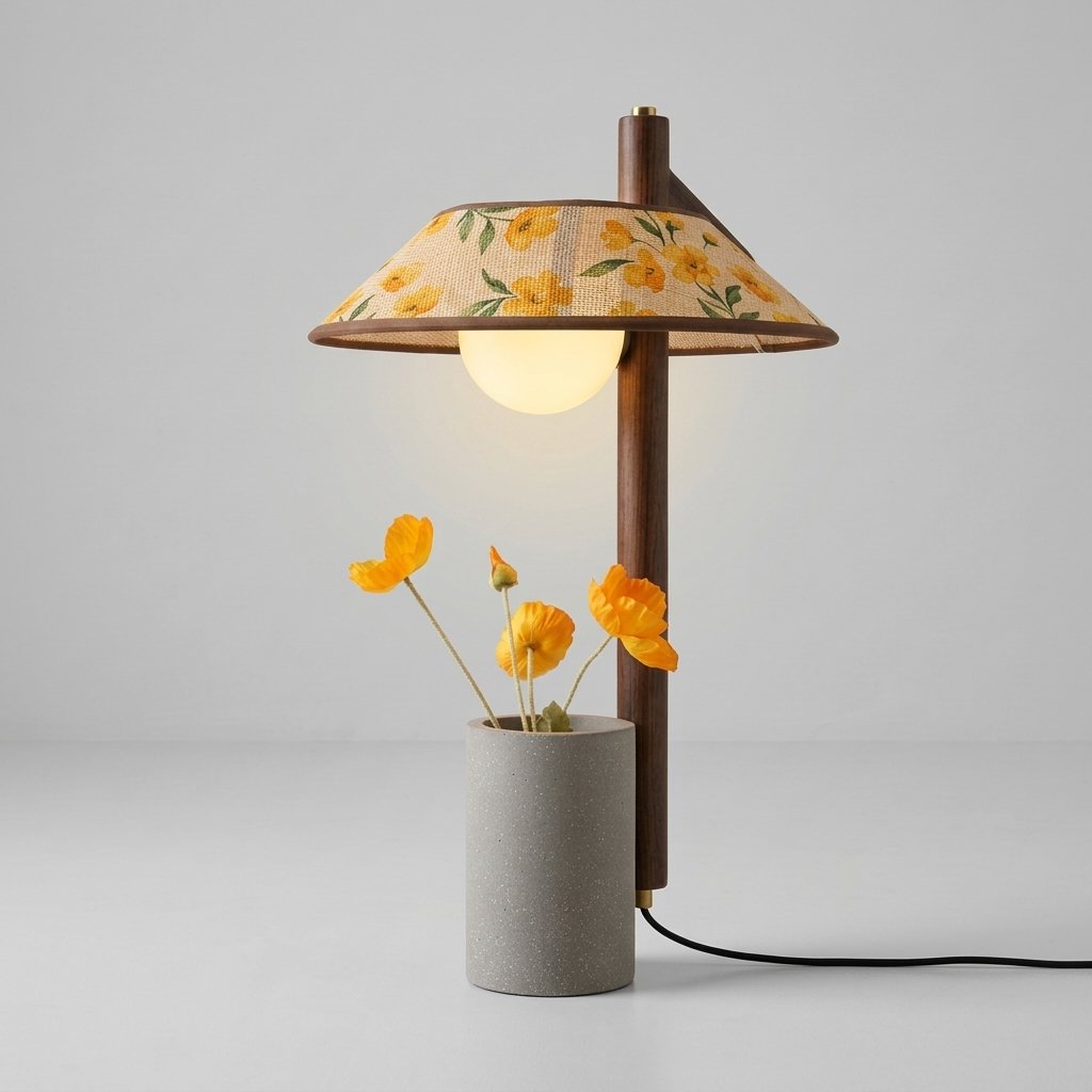 Nordic Drum Planter Table Lamp with Linen Shade and Concrete Base — Neutral