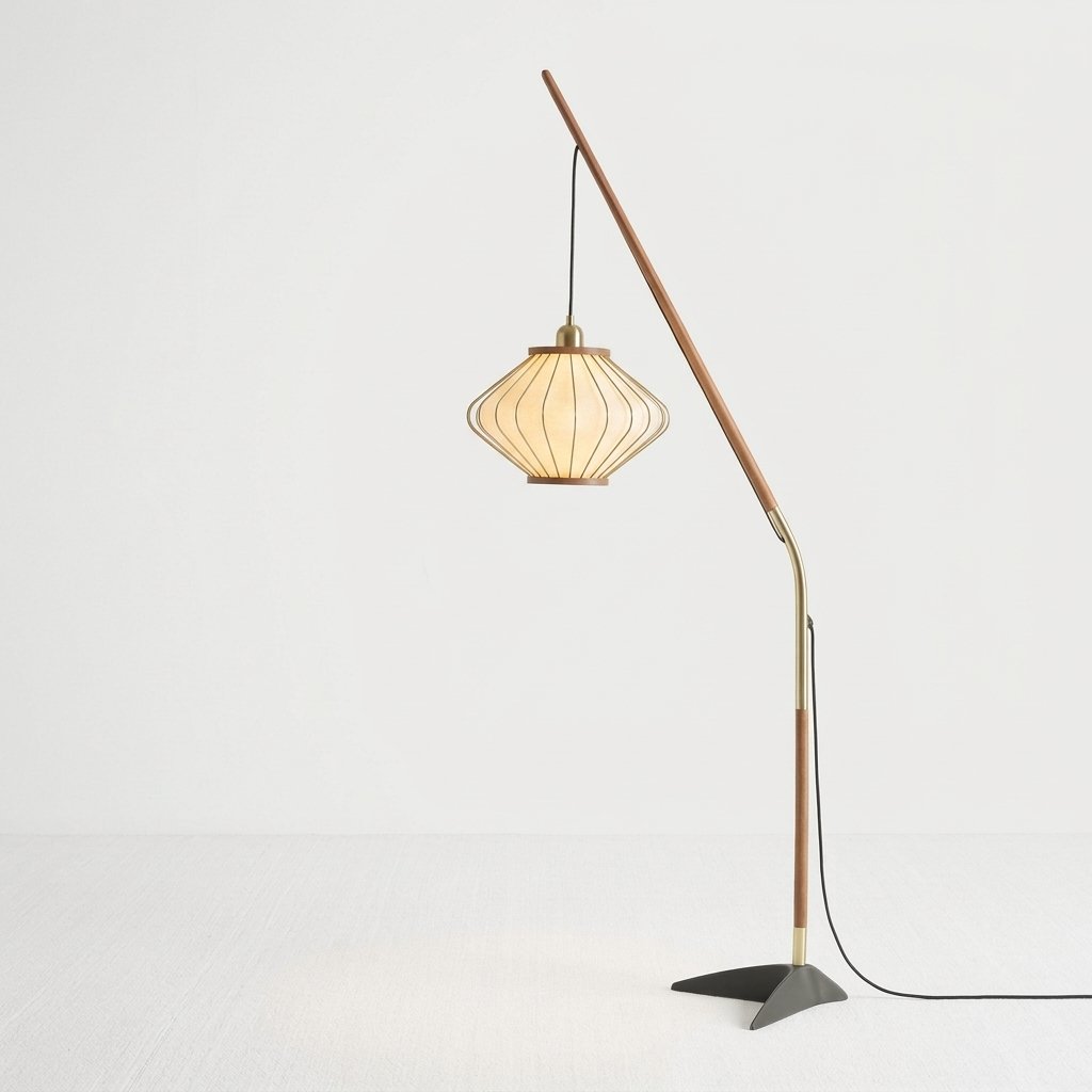 Pleated Arc Floor Lamp with Walnut-Toned Arm and Cream Ribbed Shade — Tri-Colour
