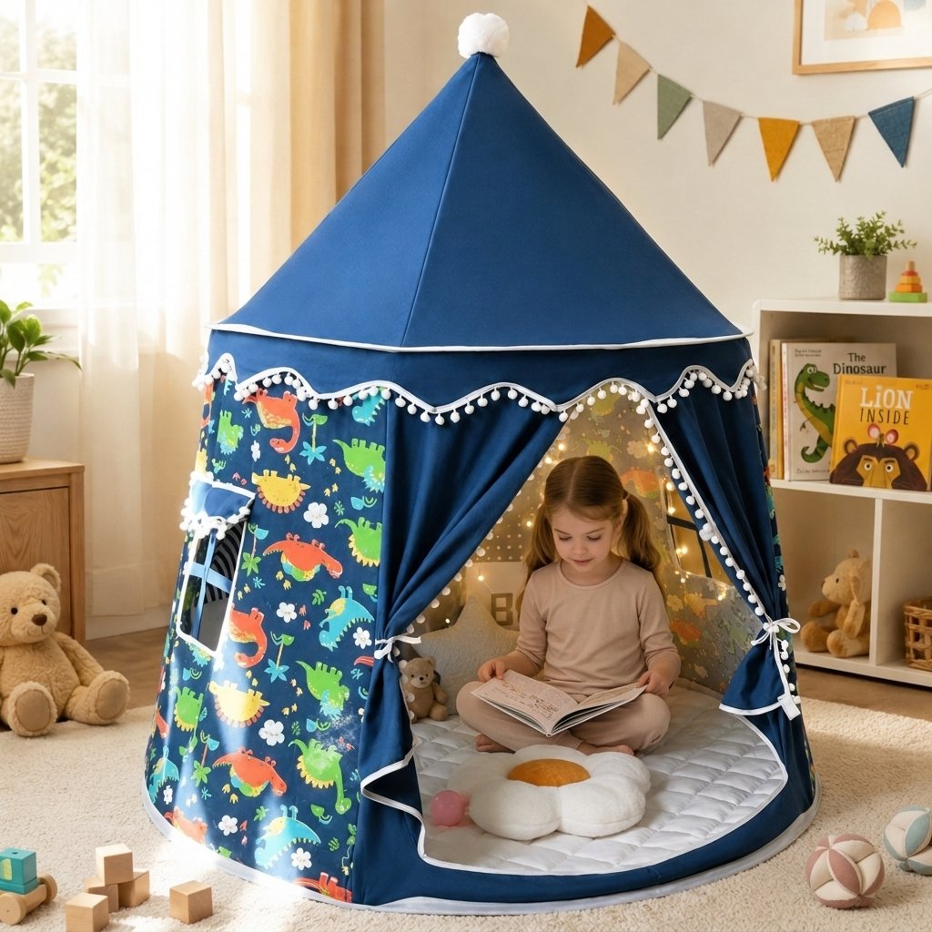 Princess Castle Play Tent with Pom-Pom Trim — Blue Dinosaur