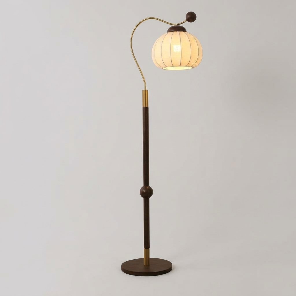 Retro Arc Floor Lamp with Pleated Pumpkin Shade and Walnut-Finish Pole — Tri-Colour
