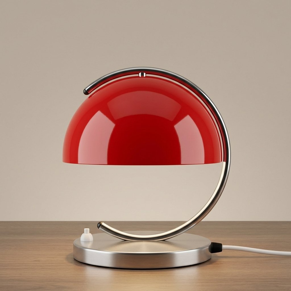 Retro Dome Table Lamp with C-Curve Chrome Base – Space Age Style — Red