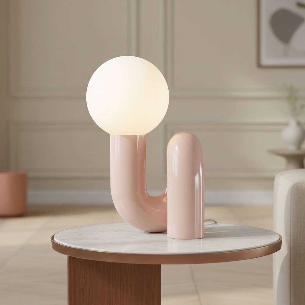 Sculptural Arch Table Lamp with Frosted Globe Shade — Pink