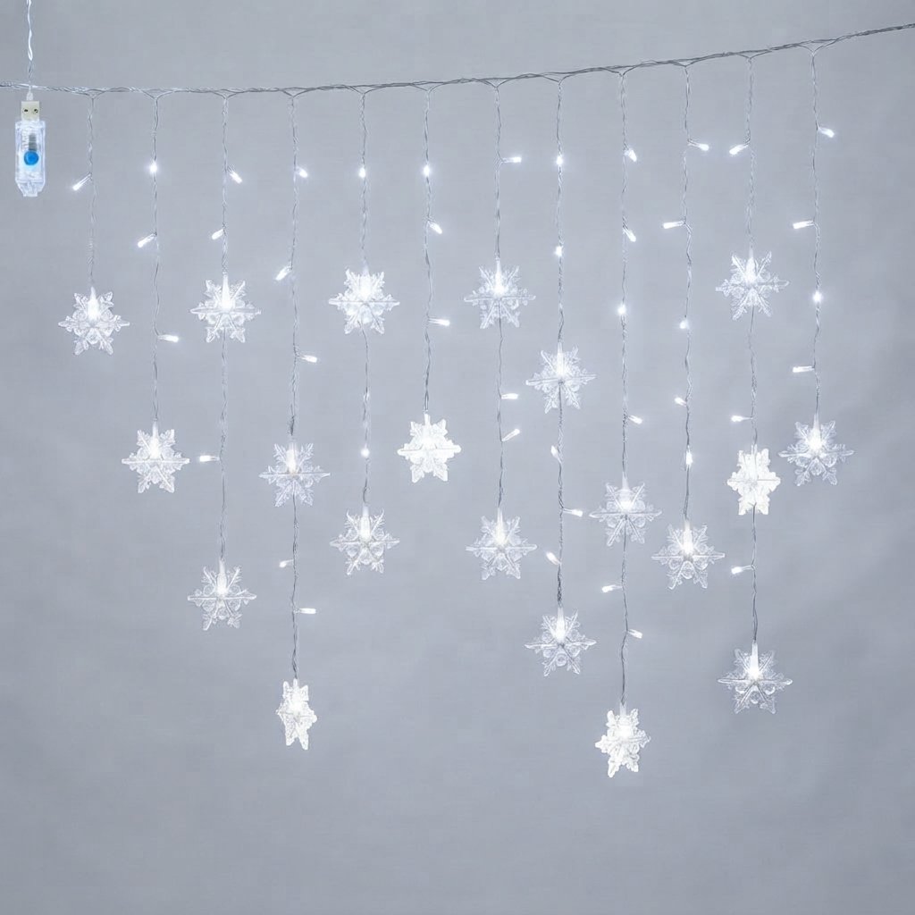 Snowflake Curtain Lights with Remote — White