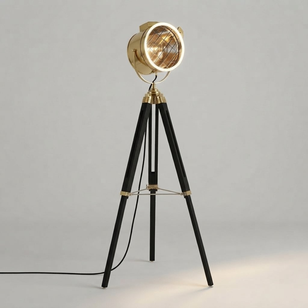 Tripod Floor Lamp with Spotlight Head — Gold