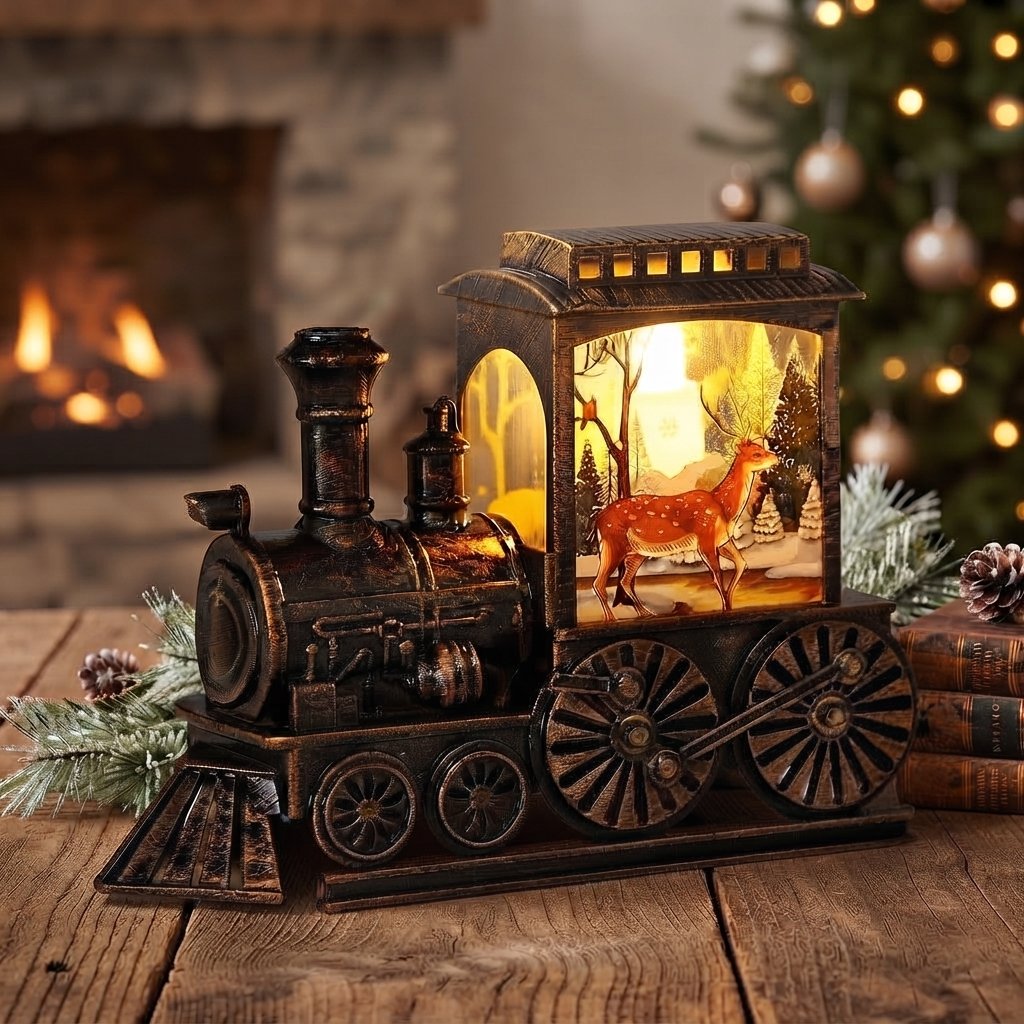 Vintage Train LED Lantern with Winter Scene — The Old Man and the Deer