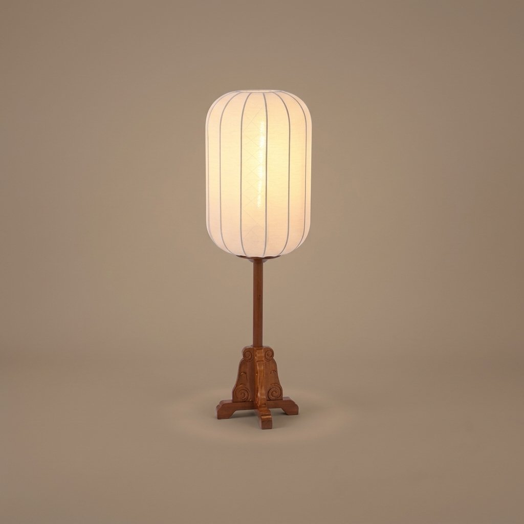 Zen Lantern Table Lamp with Hand-Knitted Fabric Shade and Carved Wooden Base — Natural