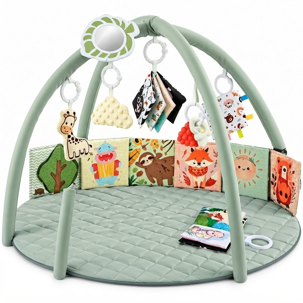 Baby Play Gym Mat with Six Sensory Toys — Green