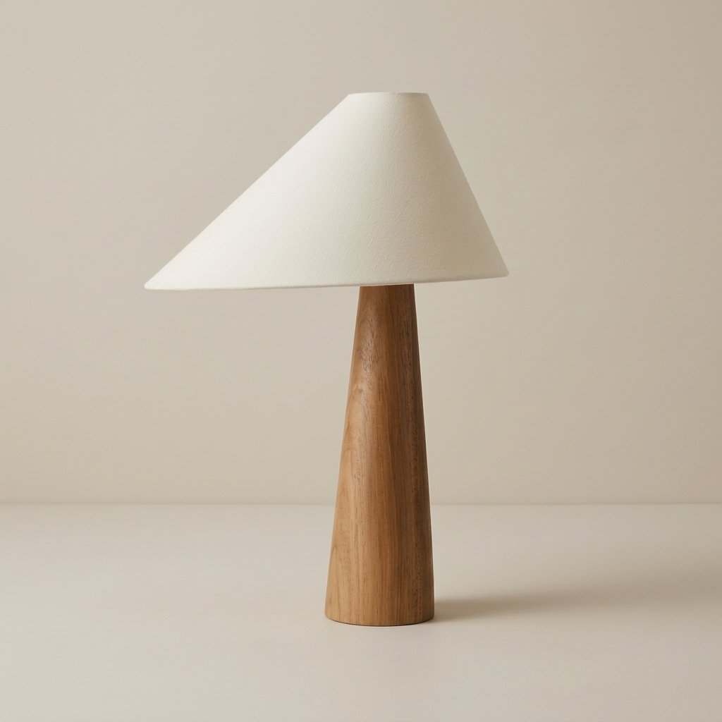 Conical Oak Wood Table Lamp with Fabric Shade – Wabi Sabi Style — Tri-Colour