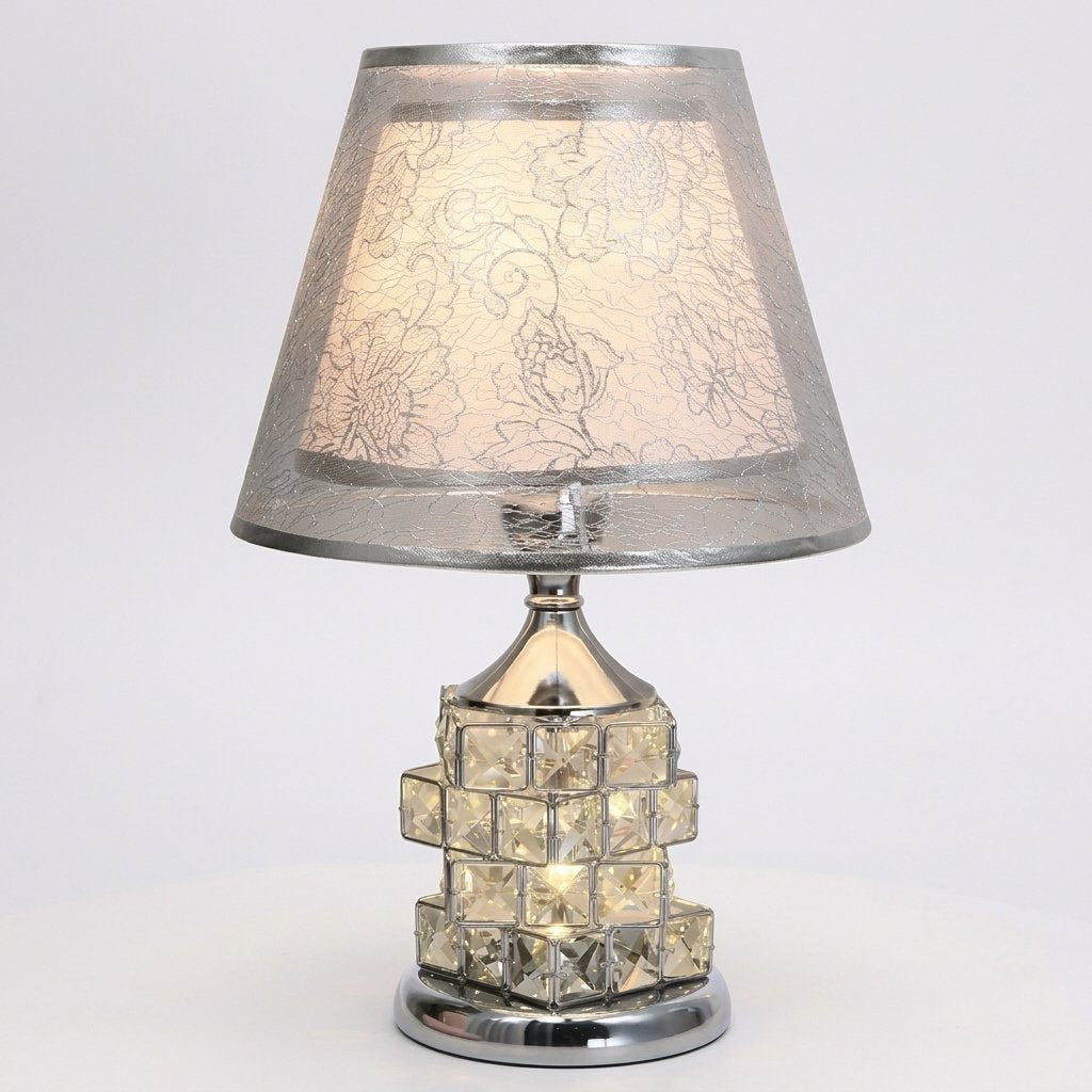 Crystal Block Table Lamp with Floral Fabric Shade — Silver