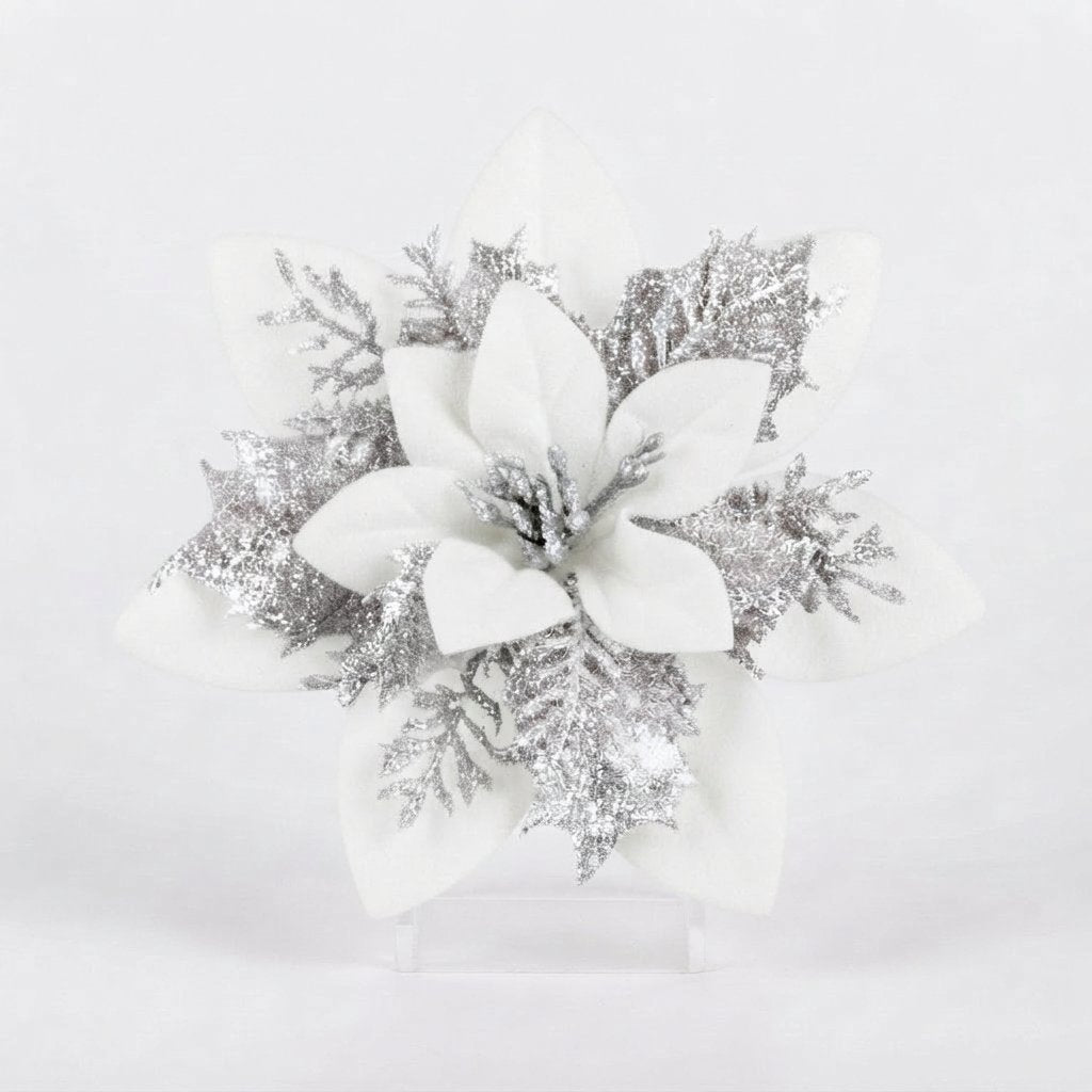 Glitter Poinsettia Tree Ornaments — White