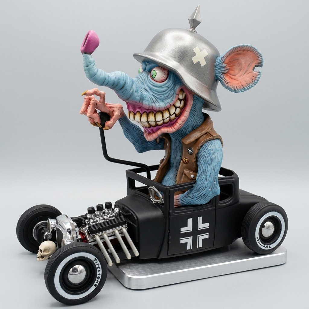 Hand-Painted Retro Hot Rod Monster Collectible Figure on Car Base — Rat Monster