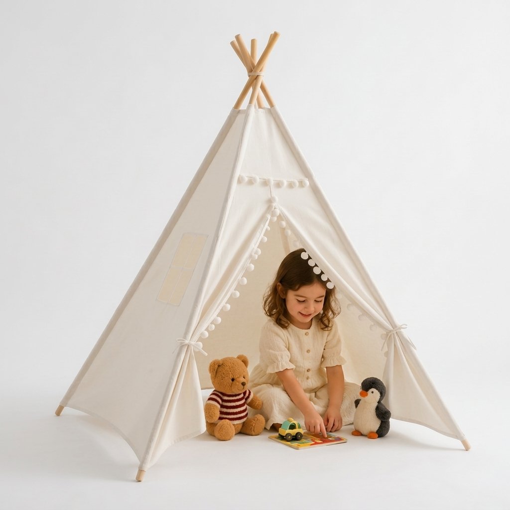 Kids Cotton Teepee Tent with Pom-Pom Trim — 1.6m Without Mat