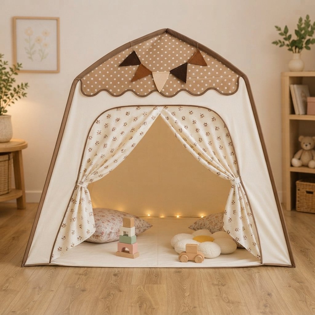 Kids House Play Tent with Canopy — Brown Polka Dot
