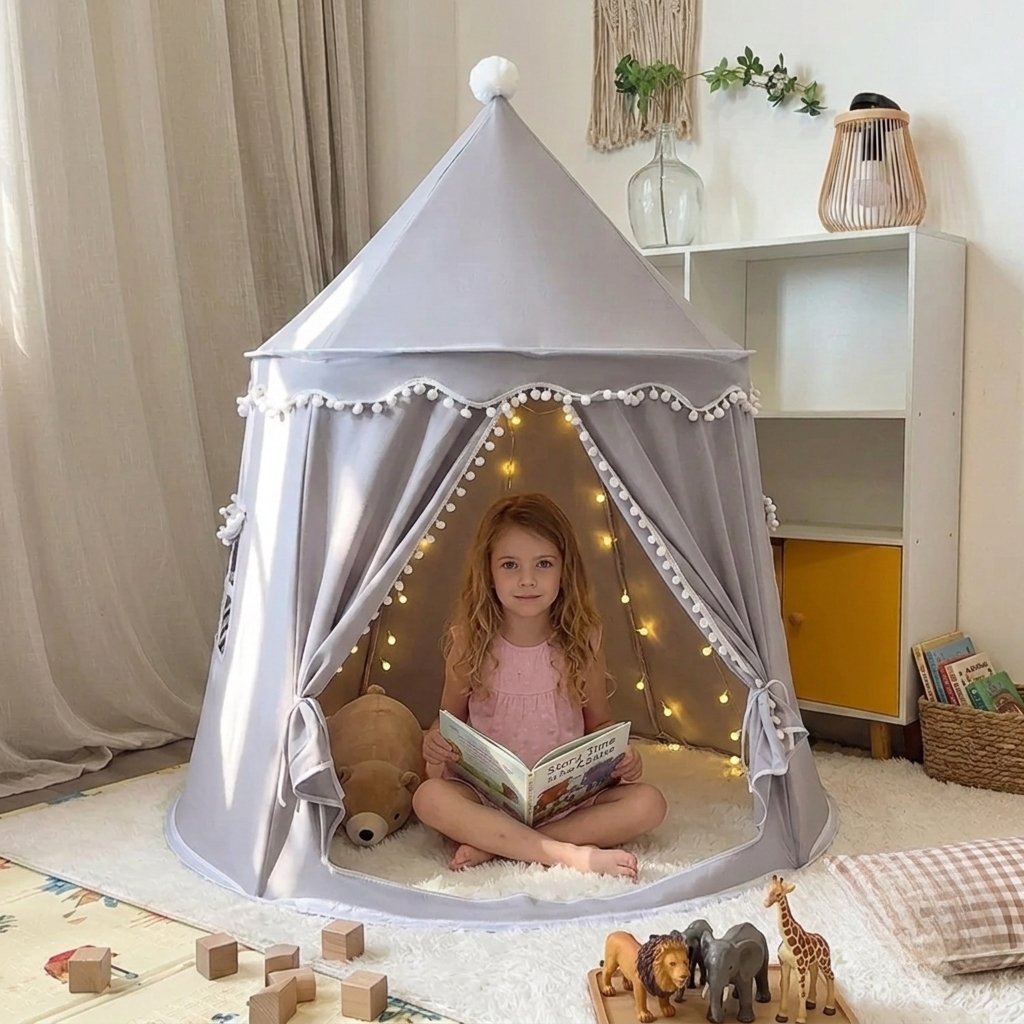 Kids Indoor Play Tent with Pom-Pom Trim — Grey Cotton