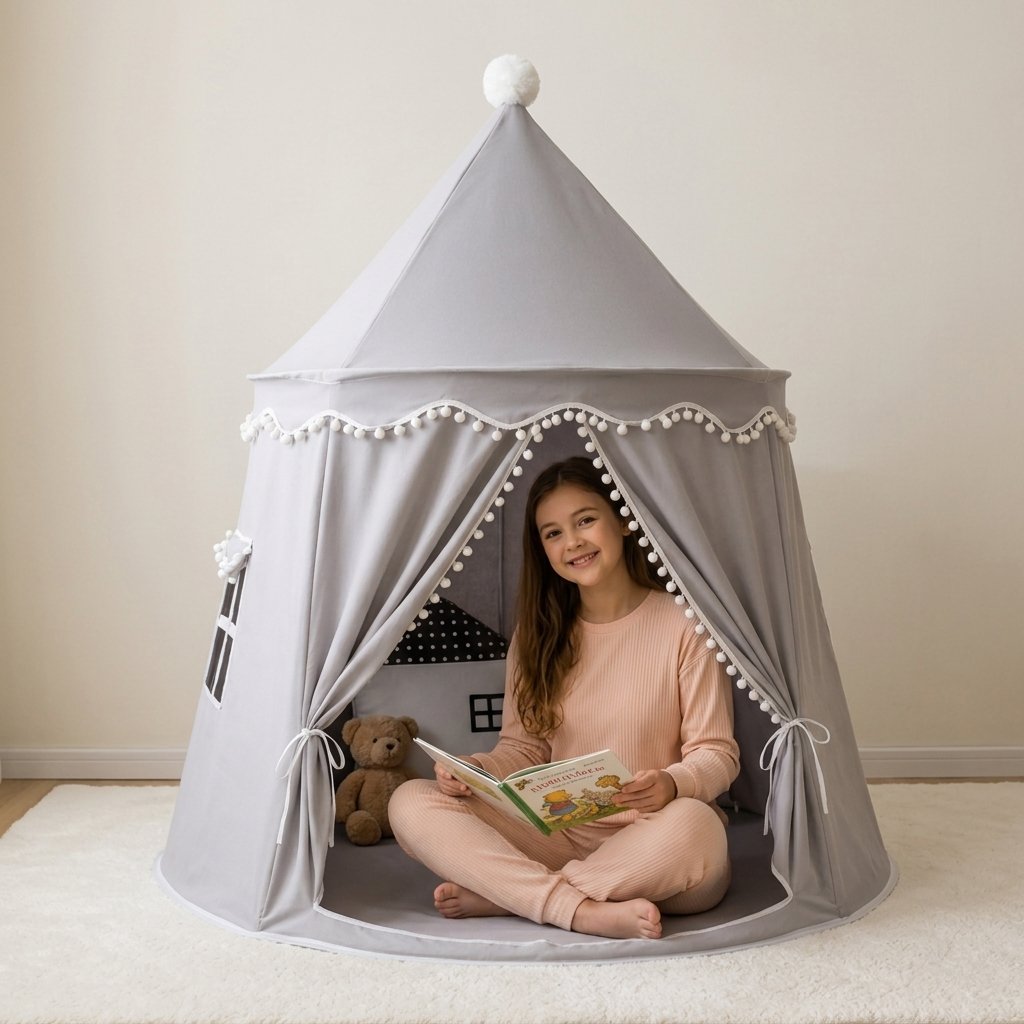 Kids Play Tent with Pom-Pom Trim — Grey Cotton