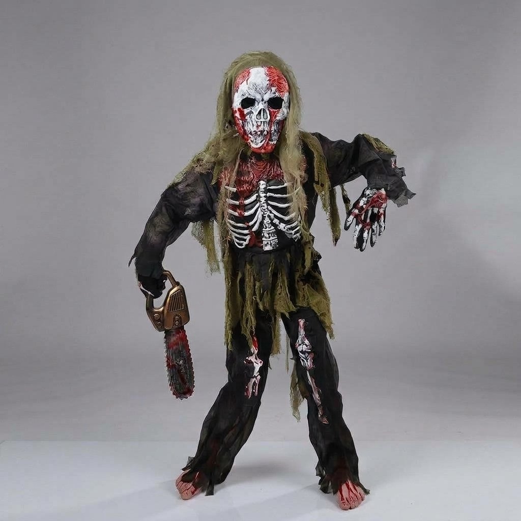 Kids Zombie Skeleton Halloween Costume Set with Skull Mask and Skeleton Gloves — XL