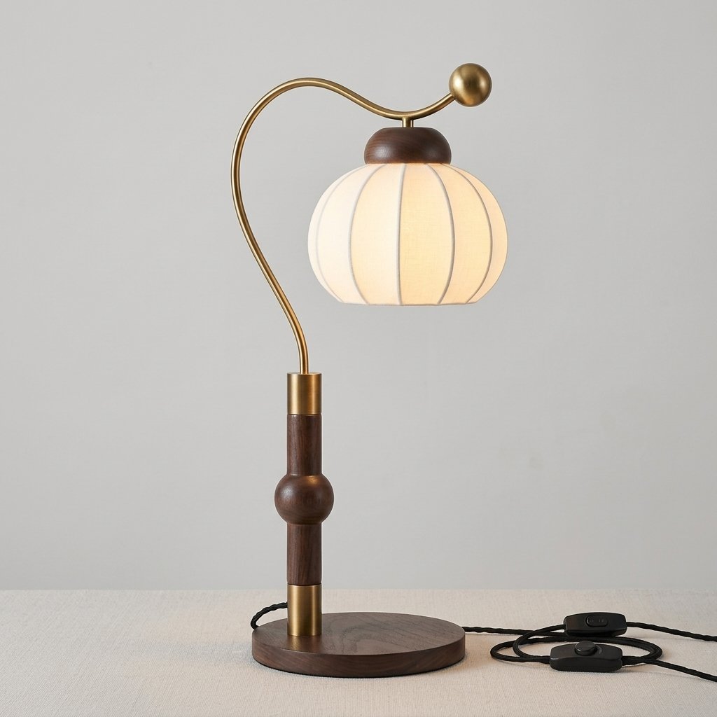 Nanyang Sculptural Table Lamp with Walnut Base, Curved Brass Arm and Ribbed Fabric Shade — Remote Dimming