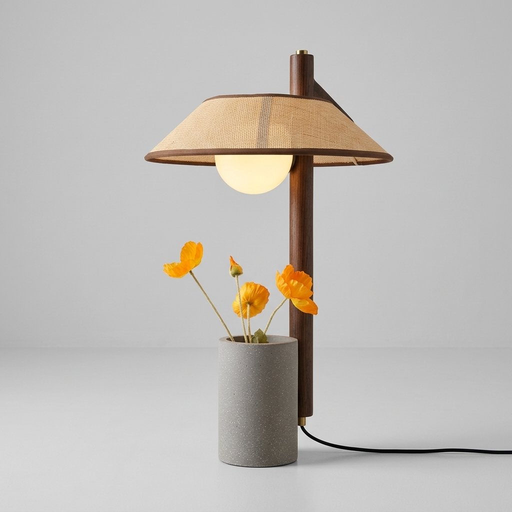 Nordic Drum Planter Table Lamp with Linen Shade and Concrete Base — Tri-Colour
