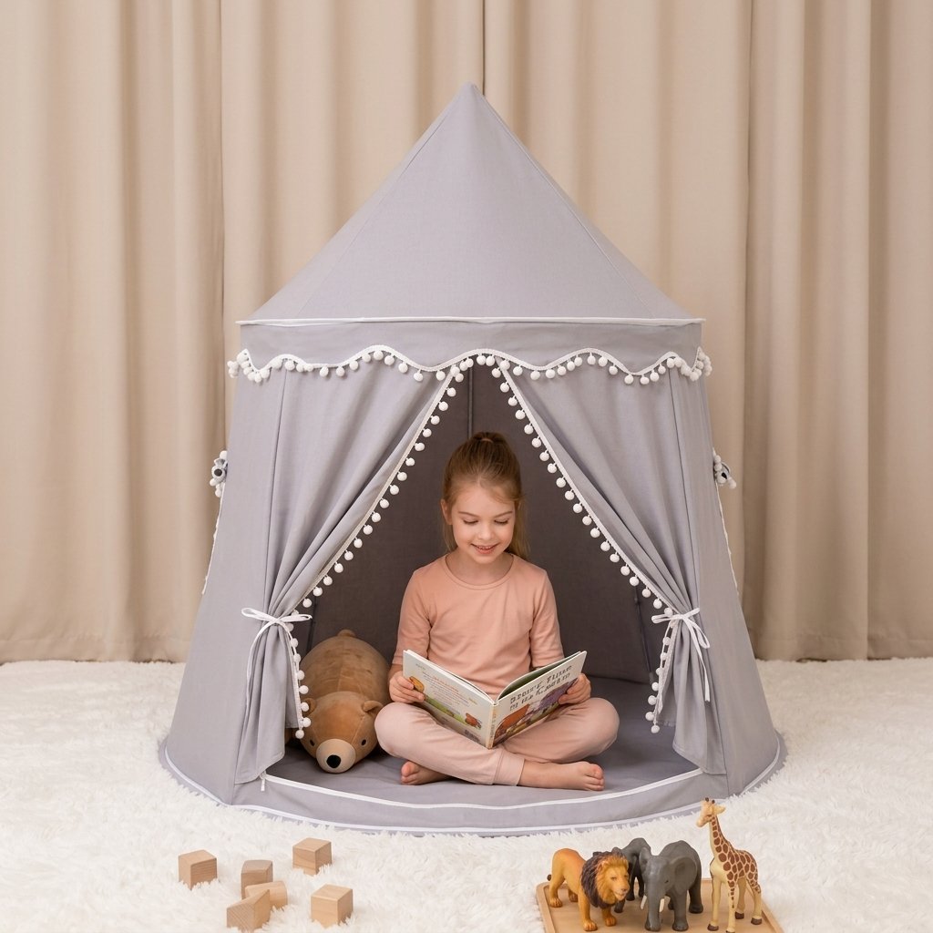 Princess Castle Play Tent with Pom-Pom Trim — Grey Cotton
