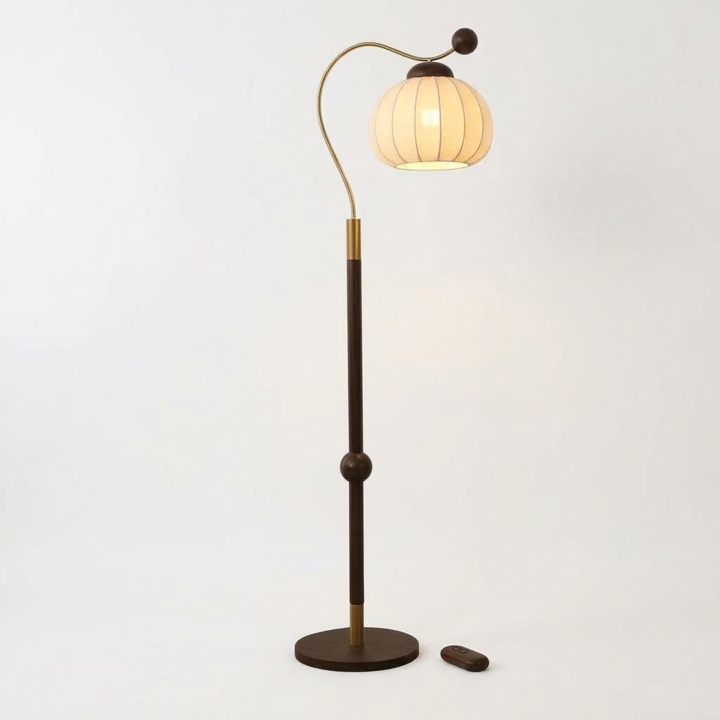 Retro Arc Floor Lamp with Pleated Pumpkin Shade and Walnut-Finish Pole — Remote Dimming