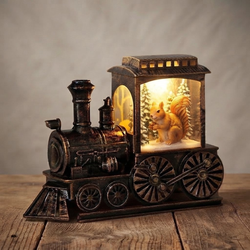 Vintage Train LED Lantern with Winter Scene — squirrel